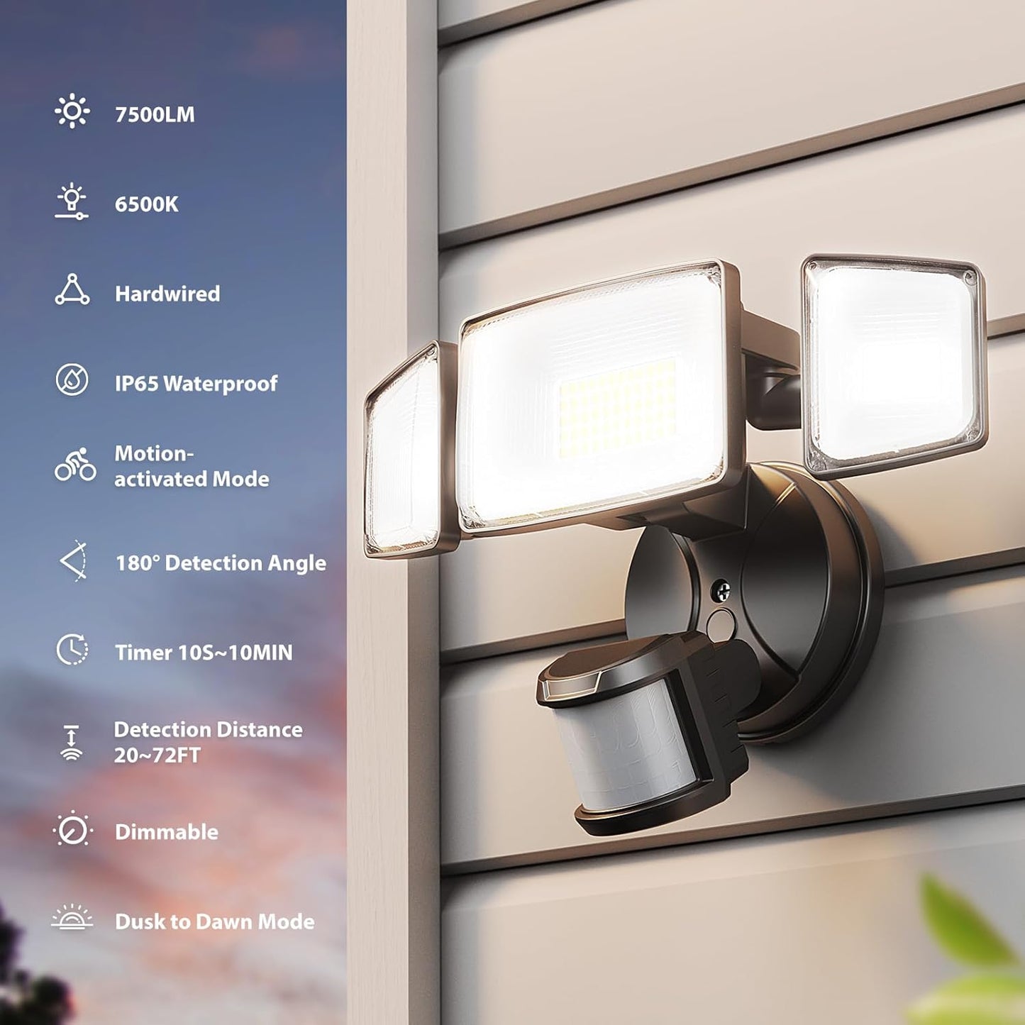 75W LED Motion Sensor Flood Light - Dusk to Dawn Outdoor Security Light, 7500LM, IP65 Waterproof