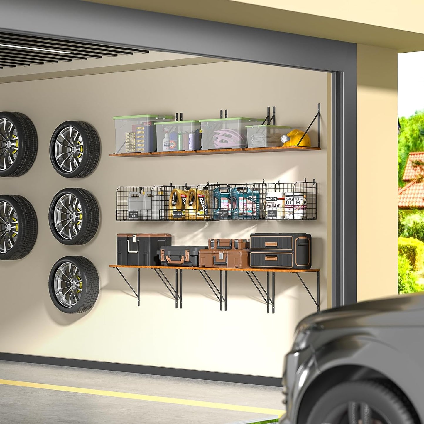 Heavy-Duty Wall-Mounted Garage Shelves with Wire Baskets & Hooks - 2 Pack Tool Organizer for Home & Garden Storage