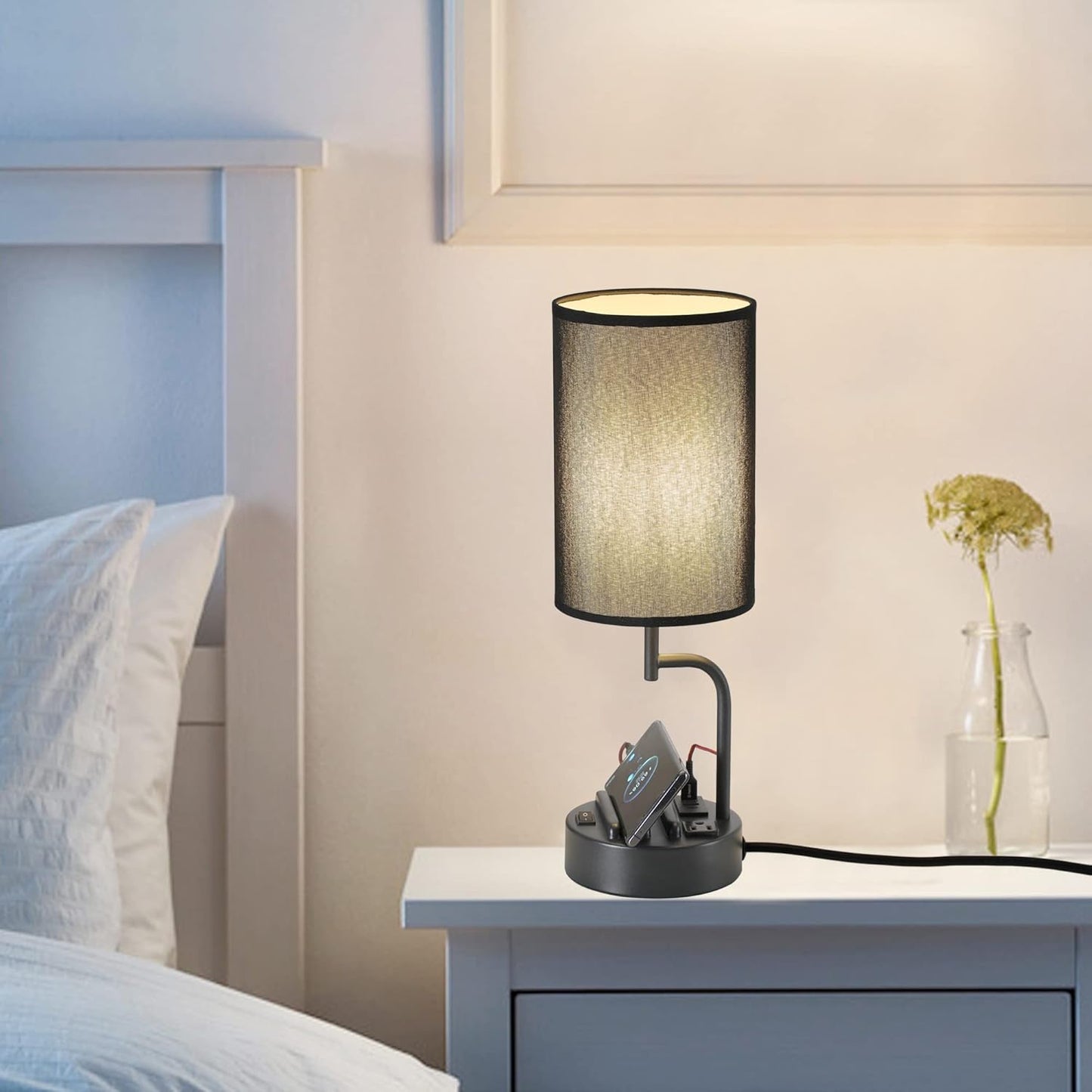 Modern Table Lamp with 3 USB Ports & AC Outlet - Set of 2 Bedside Desk Lamps in Silver