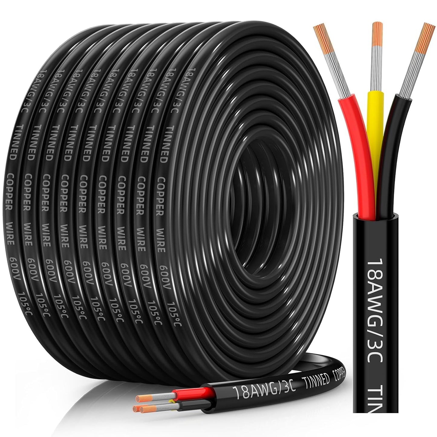 16 AWG Tinned Copper 3-Conductor Electrical Wire - Waterproof PVC Cable for Automotive, Marine & Solar (100FT)