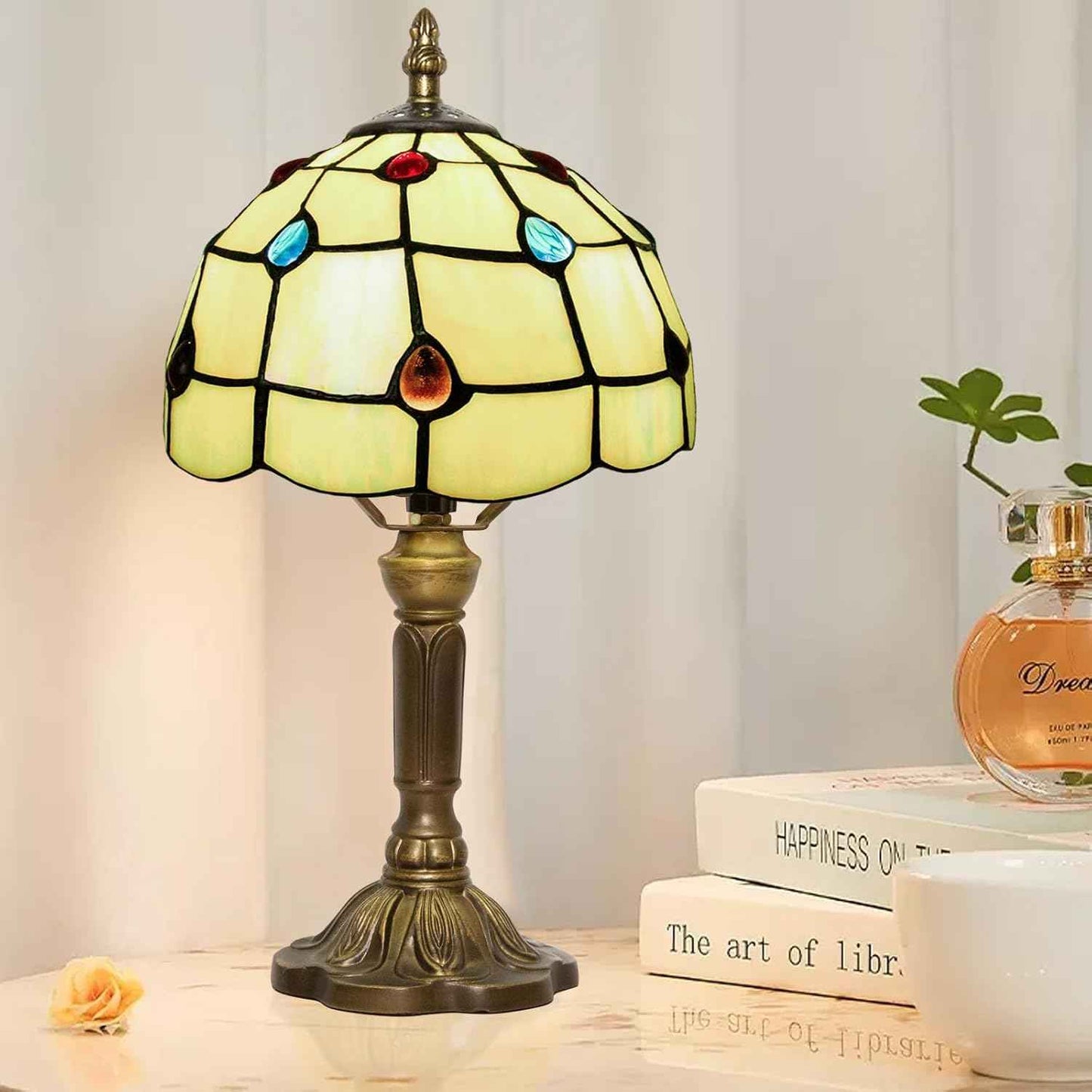 Tiffany Table Lamp - 8 Inch Antique Stained Glass, 3 Color Temperatures, Handcrafted for Bedroom & Living Room