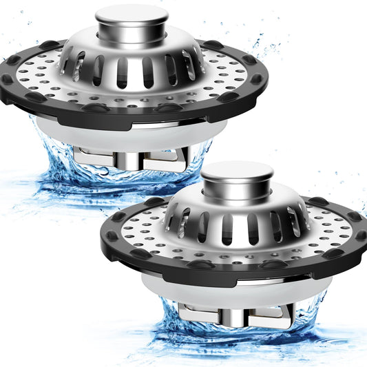 Metal 2 Pack Bathtub Drain Stopper with Top Hair Catcher, Innovative 3 in 1 Pop-up Bathtub Strainer, Tub Stopper with Detachable Stainless Steel Filter Basket for Standard 1.5 to 2.4'' Drain, Chrome