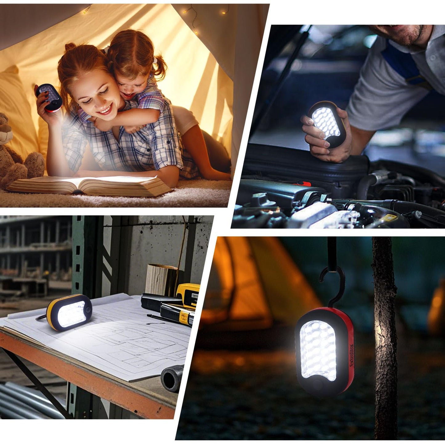 EXTRASTAR 3-in-1 LED Camping Light, Magnetic Work Light, Flashlight with Hook,120 Lumen. 2 Light Modes, Water Resistant, Battery Powered Light for Outdoor, Emergency, Garage, 2PCS