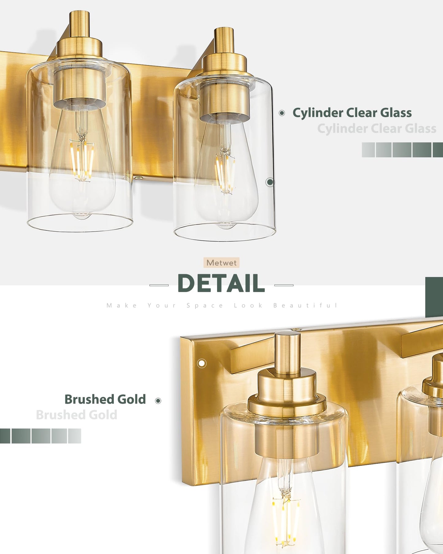 METWET 3-Light Bathroom Light Fixtures, Brushed Gold Vanity Light with Cylinder Clear Glass Shade, Modern Vanity Lighting Fixtures Over Mirror, VL143-BG-3