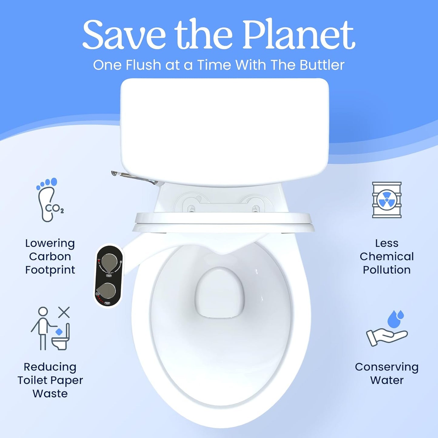 Non-Electric CLEAR REAR Bidet Attachment for Toilet - Self-Cleaning Dual Nozzle, Adjustable Pressure, White