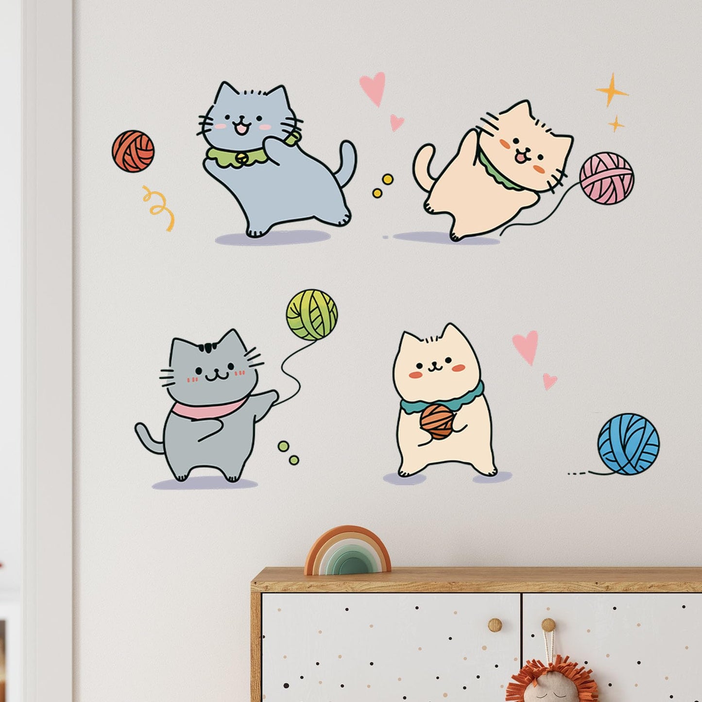 RoyoLam Cartoon Cute Cat Wall Stickers for Nursery Kitten Playing with Yarn Ball Wall Stickers for Kid Girl Baby Room Stickers Peel and Stick Wall Art Home Decor Living Room Bedroom Bathroom