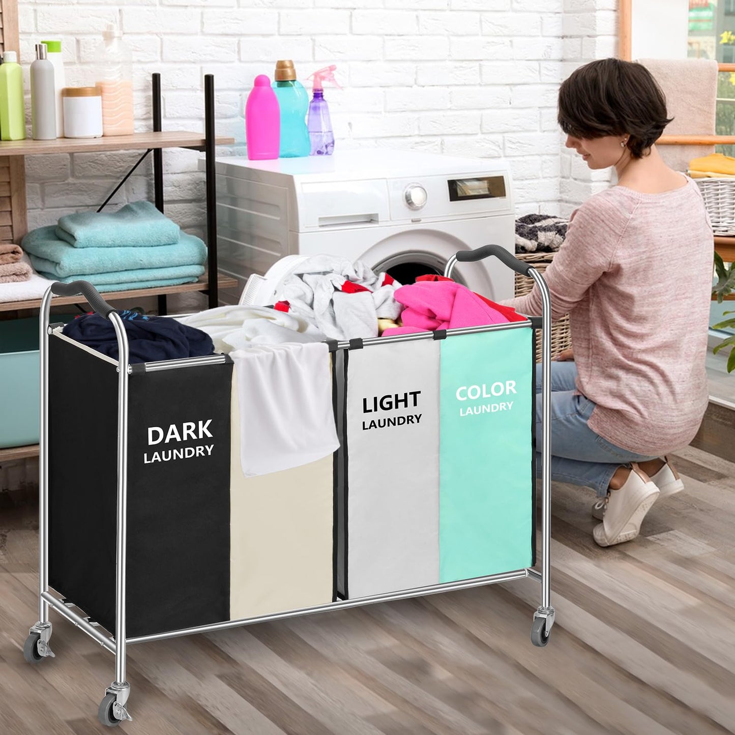 Laundry Basket, Large Laundry Hamper with Wheels, 4 Section Laundry Bag for Dirty Clothes, Towel Organizer & Toys Storage Cart in Laundry Room Organization (4- section Green)