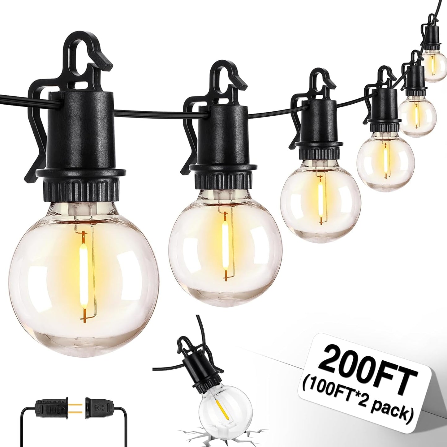 100FT Solar Powered String Lights with Remote - Waterproof G40 Patio Lights, 30 Shatterproof Bulbs, 3 Modes for Camping & Backyard
