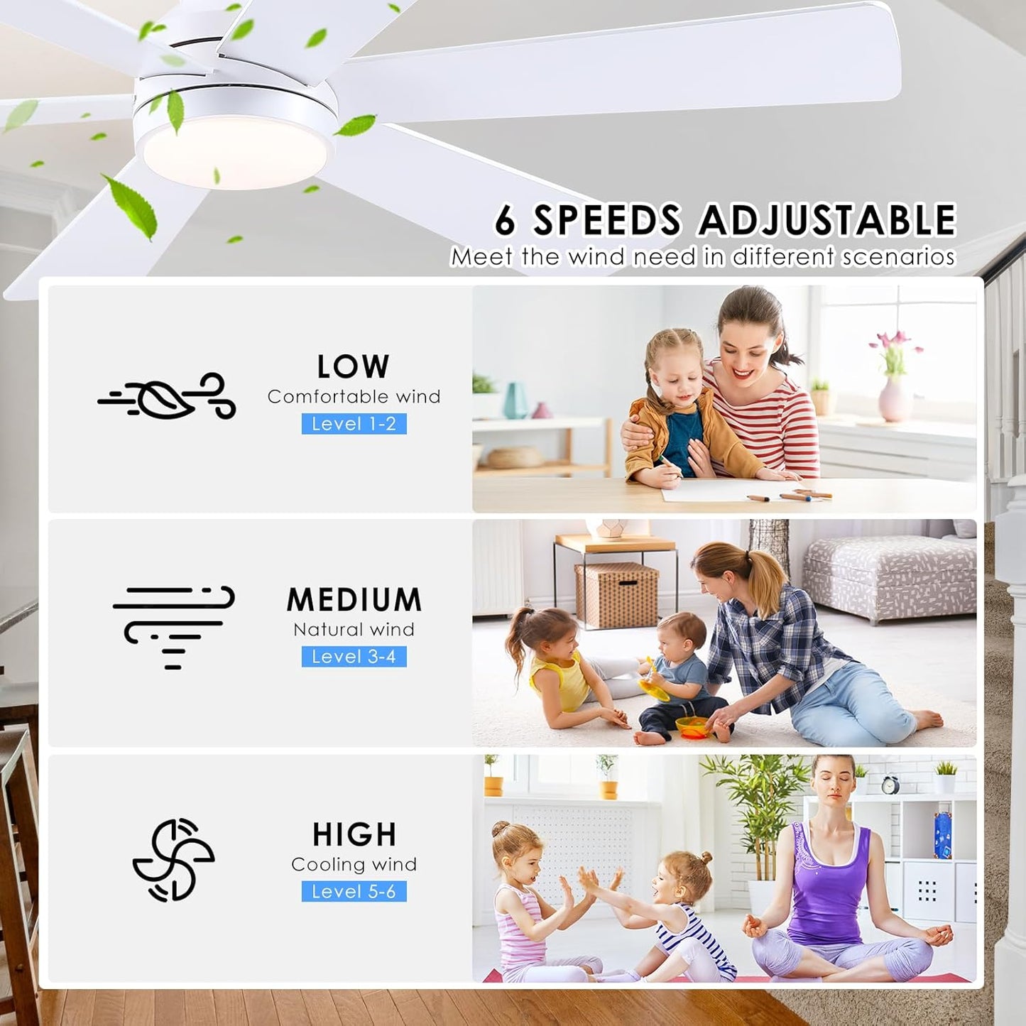 46” Black Low Profile Ceiling Fan with Lights & Remote Control - Dimmable, Noiseless, Reversible for Bedroom