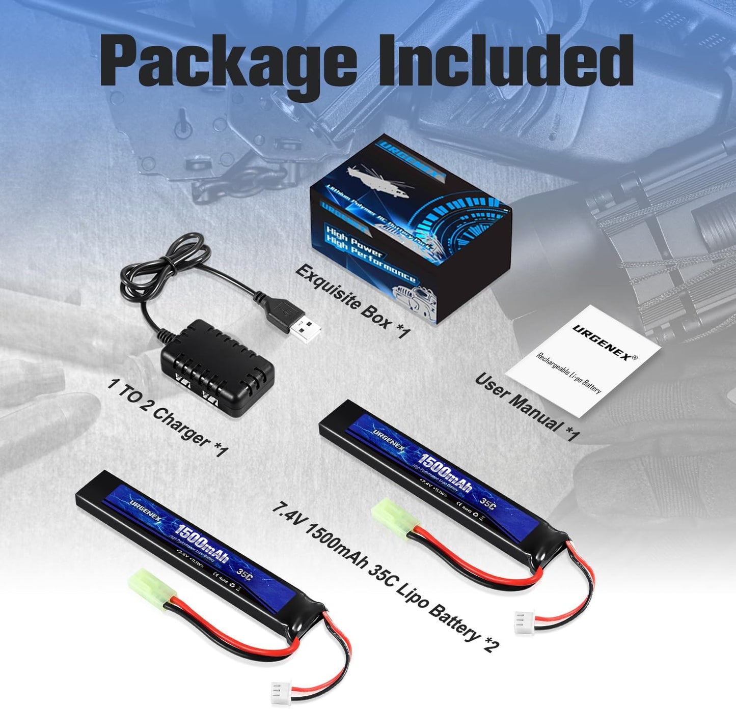 URGENEX 7.4V 1500mAh Airsoft Lipo Battery Pack - High Discharge Rate with Mini Tamiya Plug & USB Charger