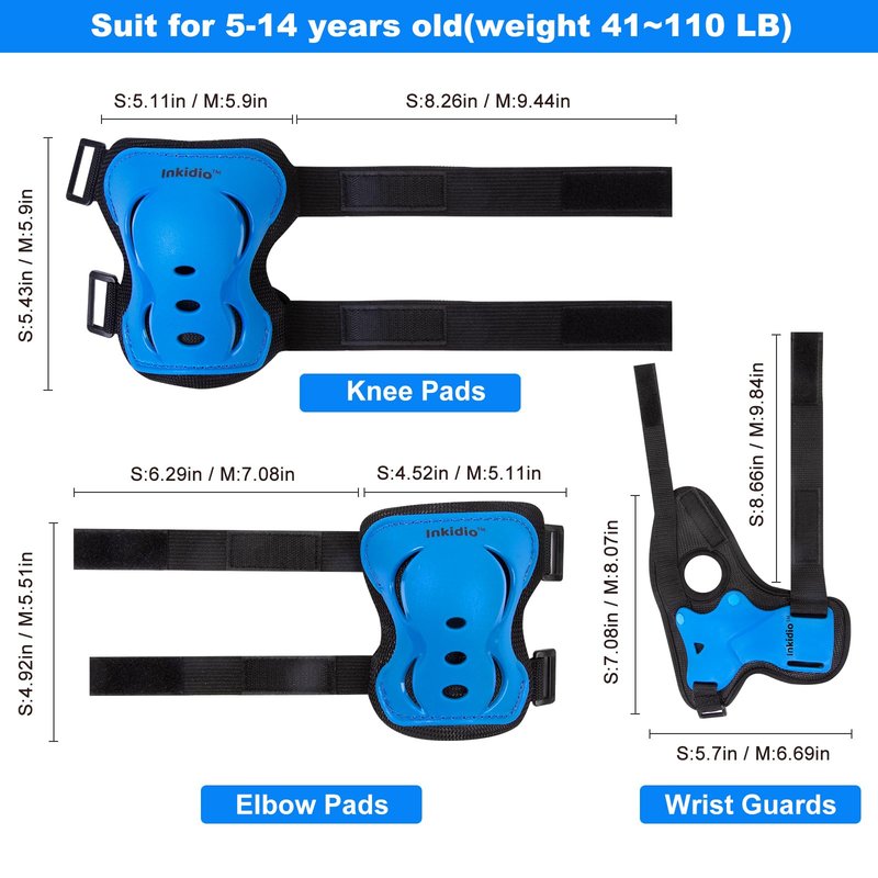 Inkidio Knee Pads for Kids Protective Gear Set with Knee Pads Elbow Pads and Wrist Guards Ideal for Girls Boys Skating Skateboard Scooter Bike (X-Small, Blue)