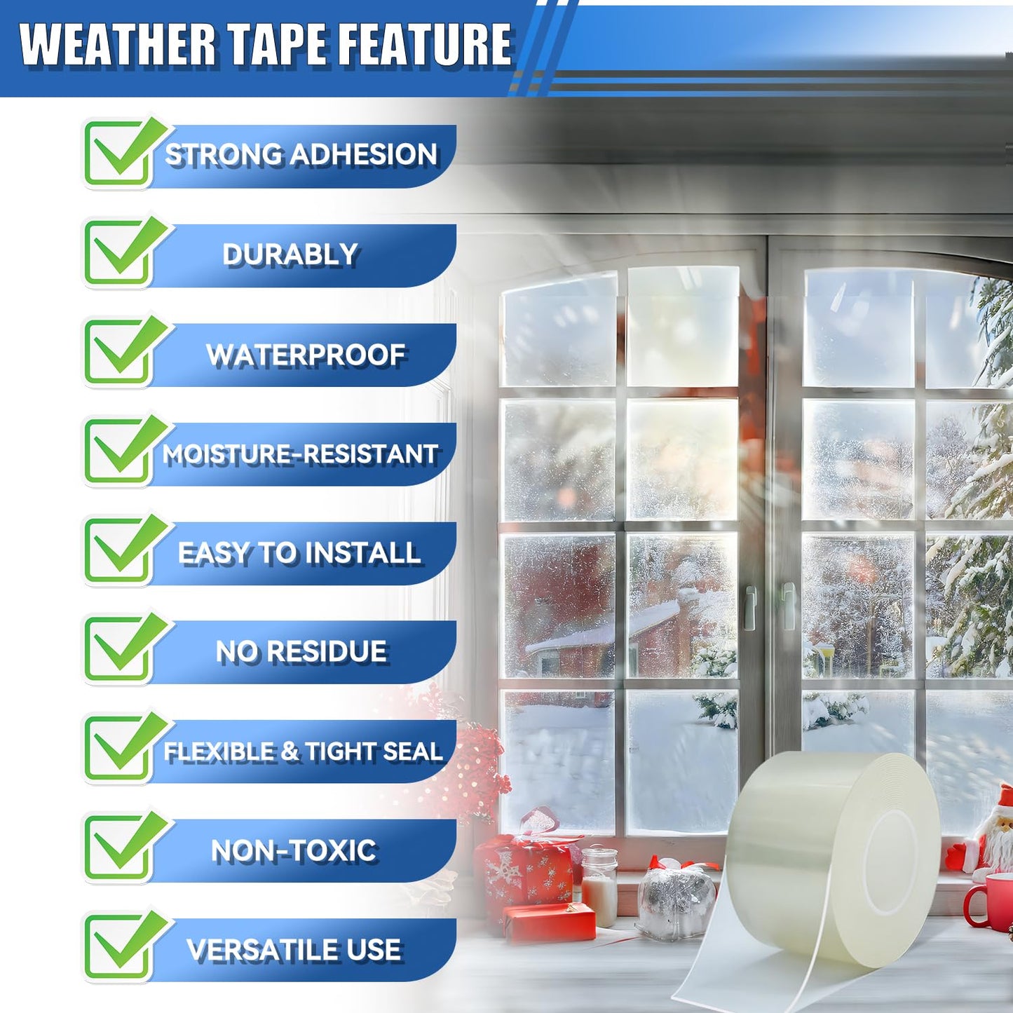 Window Weather Sealing Tape 2 in x 33 FT Weather Stripping Weatherproof Draft Stopper Clear Window Insulation Tape for Doors Windows Garages RVs Energy Saving Kit