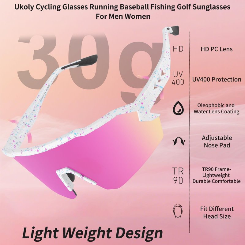 Ukoly Baseball Sunglasses For Men Women,Sports Sunglasses For Baseball Running Cycling UV400 protection TR90 Frame 615 (Pink)