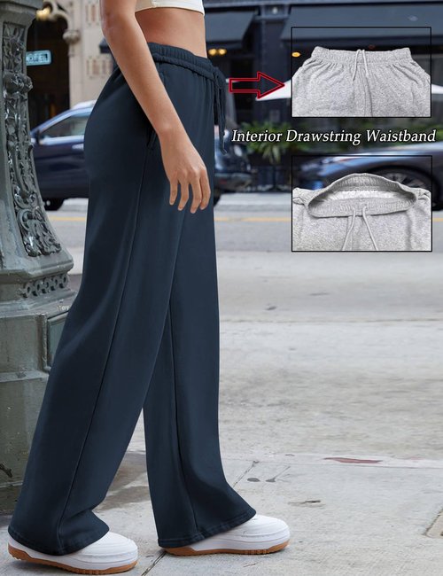 HeSaYep Women's Baggy Wide Leg Sweatpants Straight Leg Trousers Drawstring Elastic Waist Low Rise Active Sweat Pants Navy Blue M