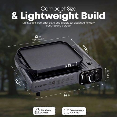 GasOne GS-1000G-KIT Butane Gas Stove with Flat Top Griddle Included – Butane Grill Tent Stove Burners for Cooking for Camping, Kitchen – Diecast Aluminum with Non Stick Coating