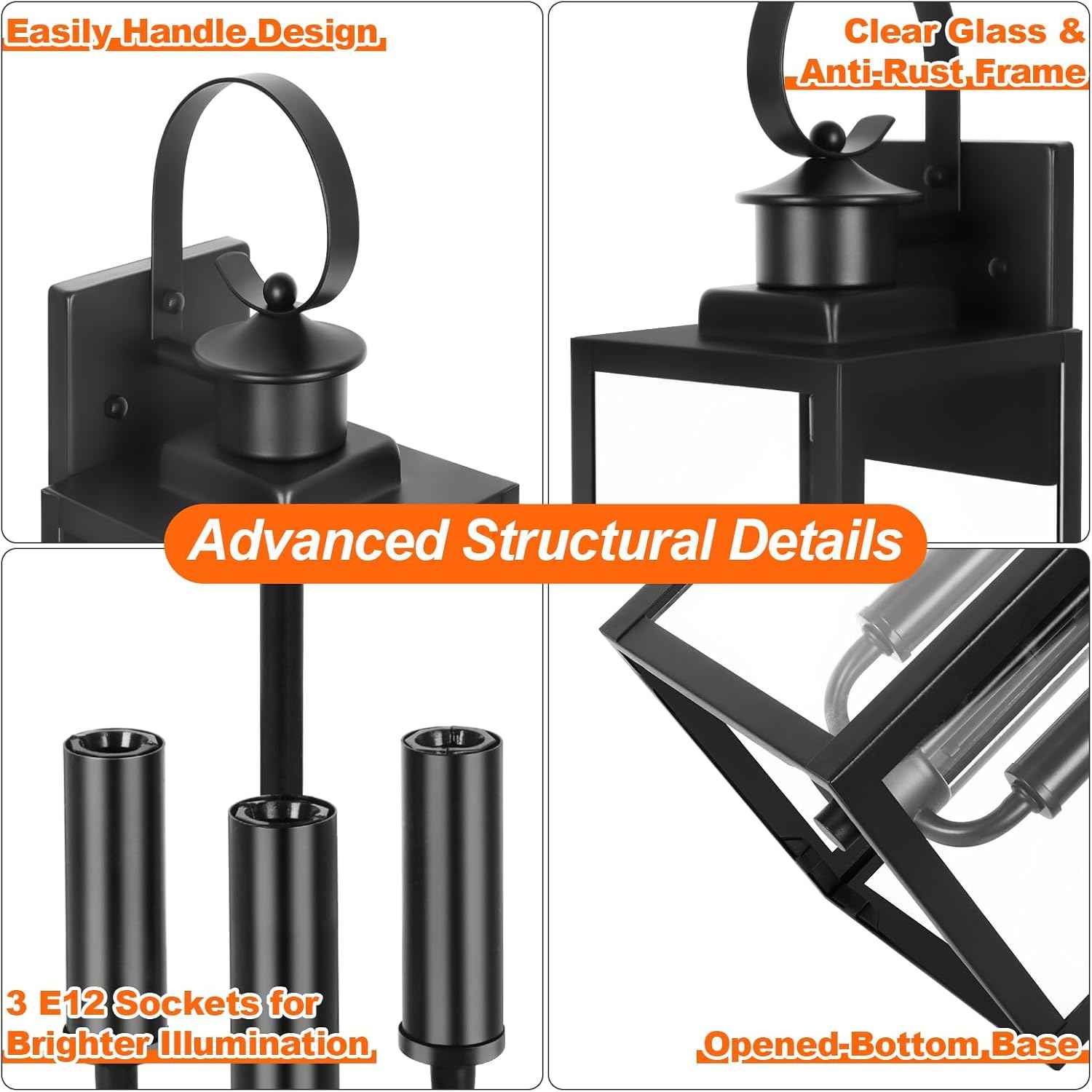 3-Light Waterproof Outdoor Wall Lantern - Black Sconce Fixture for Porch & Garage