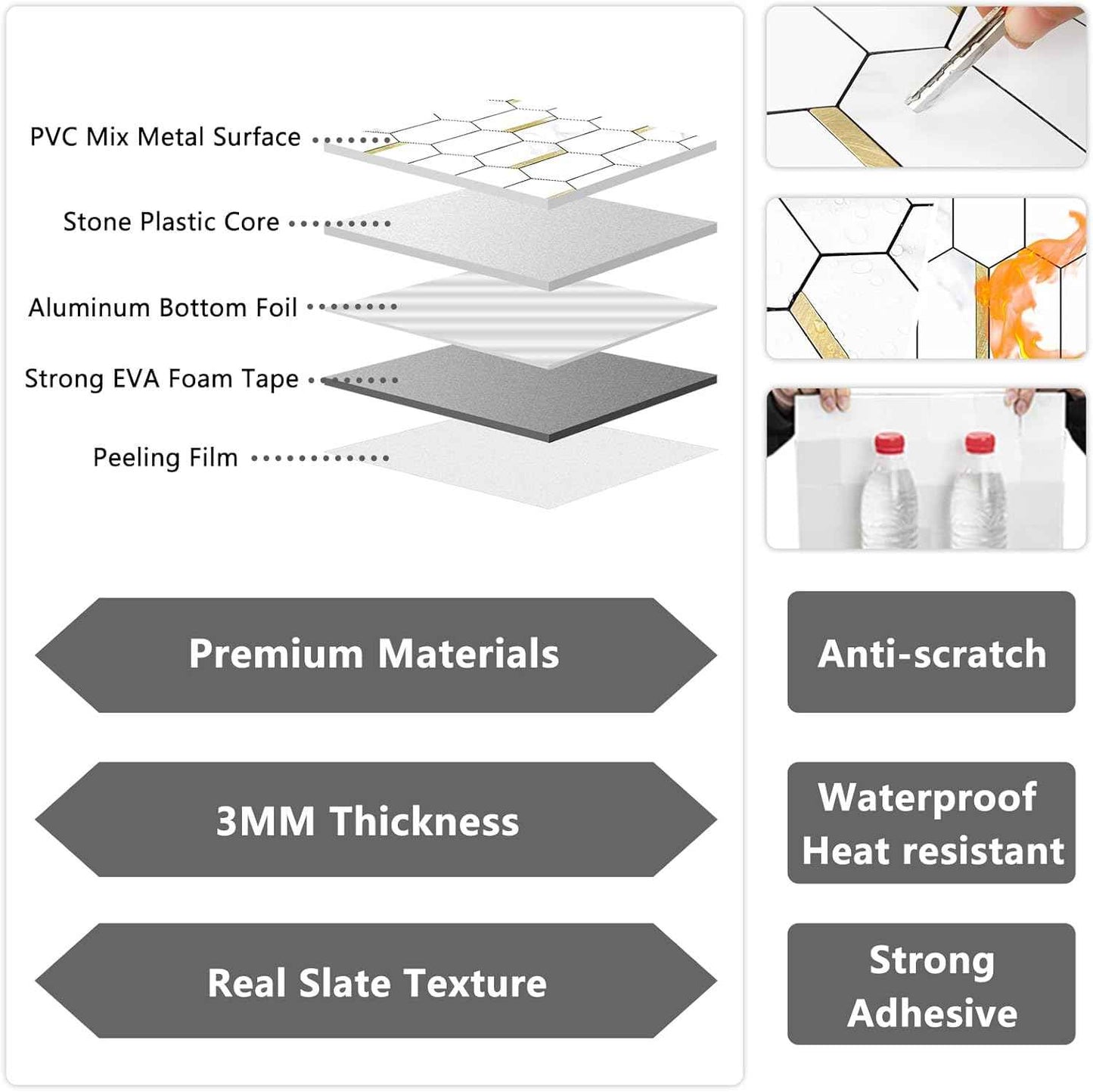 Glossy Wood Grain Peel and Stick Backsplash Tile - 10 Sheets Hexagon Mosaic for Kitchen & Bathroom, 12.4 x 12 Inch