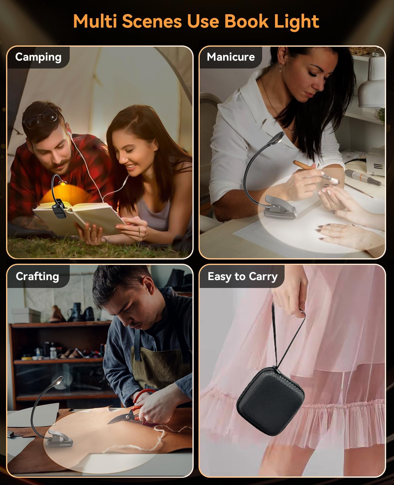 Hensam Book Light for Reading at Night, Rechargeable Reading Light with 1200 mAh Battery, Stepless Dimmable Reading Lights for Books in Bed, Portable Clip Book Light with Case