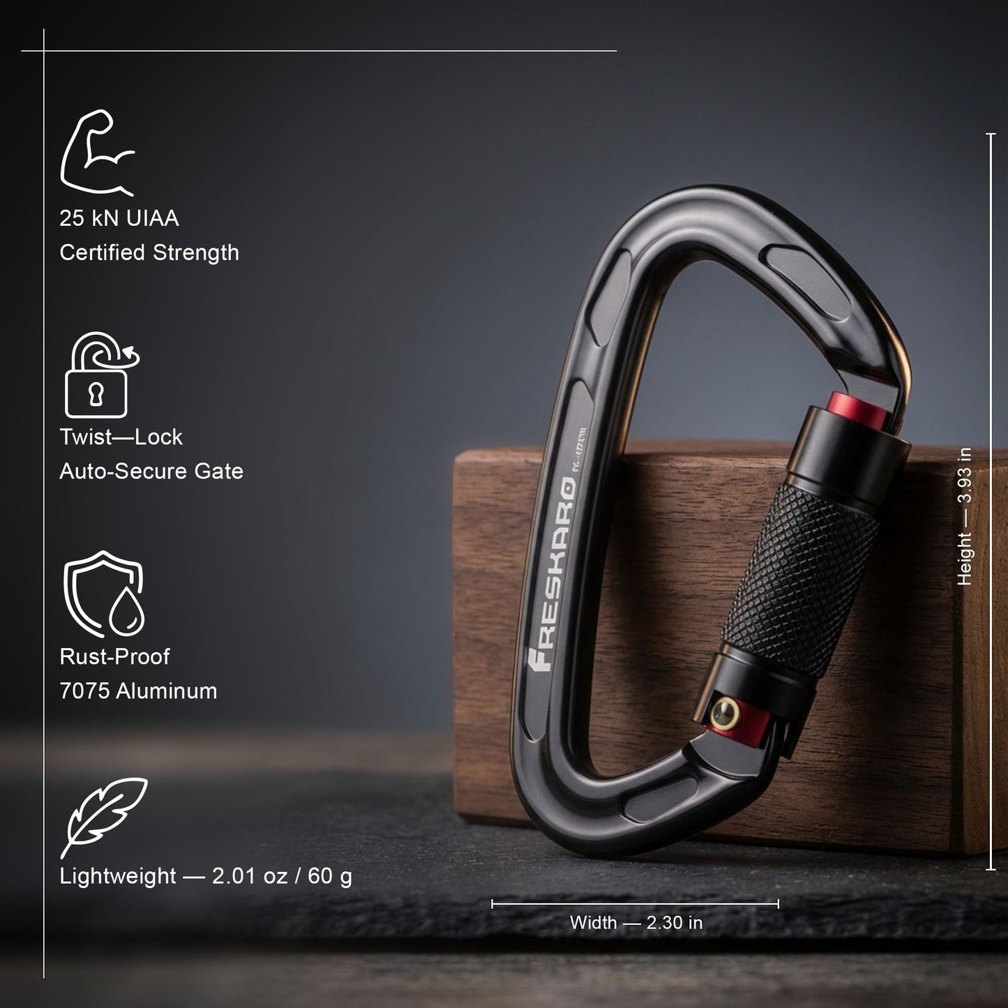 FresKaro 25kN Climbing Carabiners Double Locking Carabiner Clips, Heavy Duty Carabiner for Rock Climbing, Rappelling, Hunting, or Survival Gear kit, Gym Equipment, Cerfified UIAA Carabiner Black