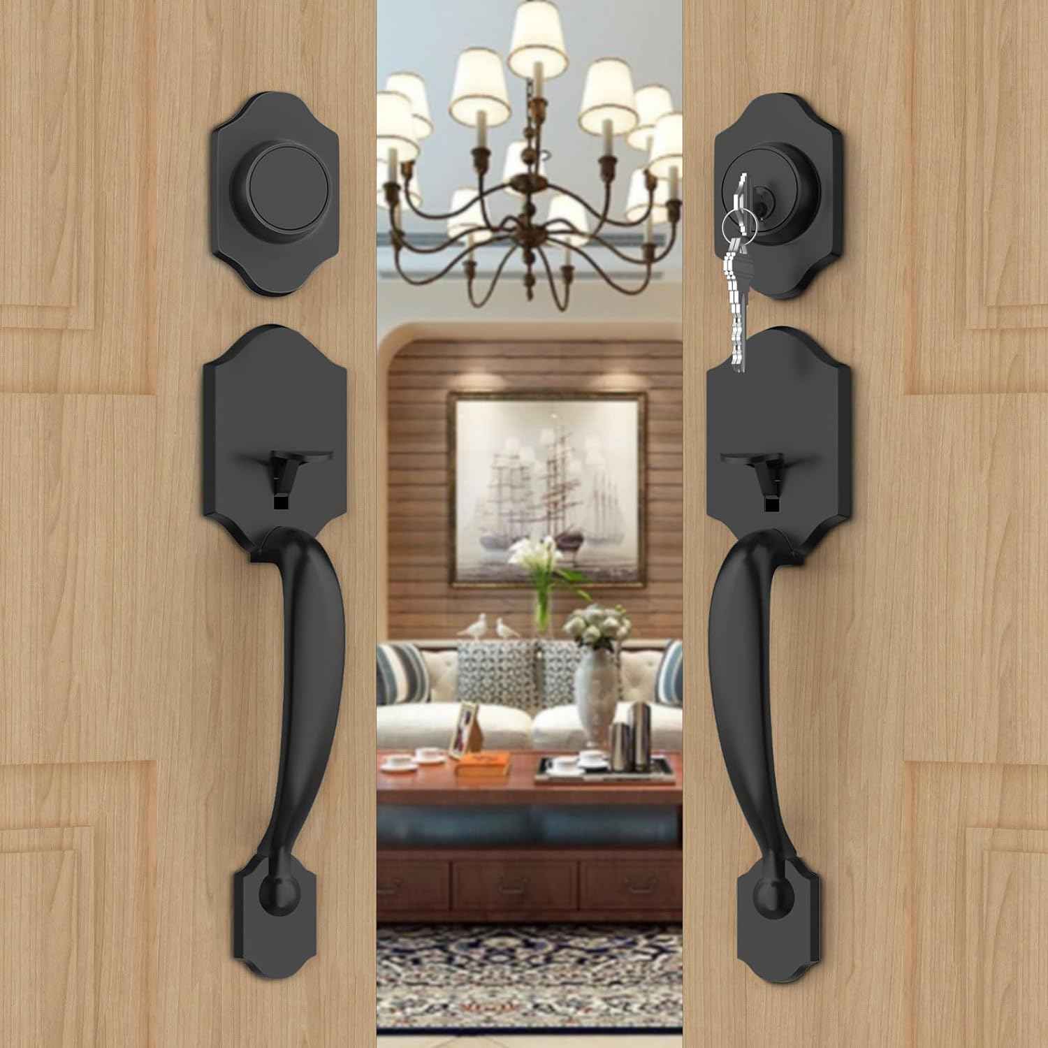 Gold Front Door Handle & Deadbolt Set - Reversible Lever Lock Hardware