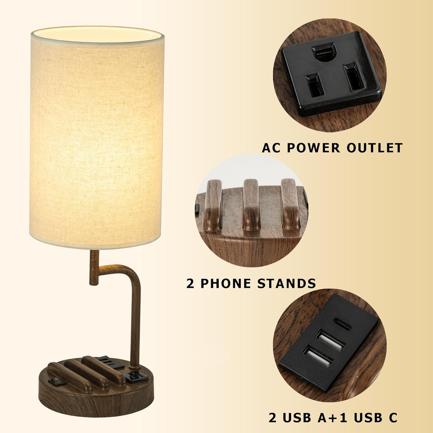 Modern Table Lamp with 3 USB Ports & AC Outlet - Set of 2 Bedside Desk Lamps in Silver