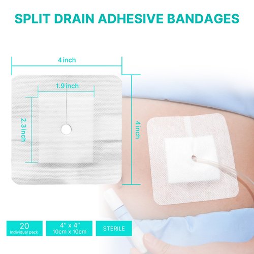 Split Drain Adhesive Bandages 4" x 4" Pre-Cut for Feeding Tubes, Dialysis Catheters & Drains - Soft Non-Stick Pad - Individually Wrapped 20 Pack Wound Dressing Pads