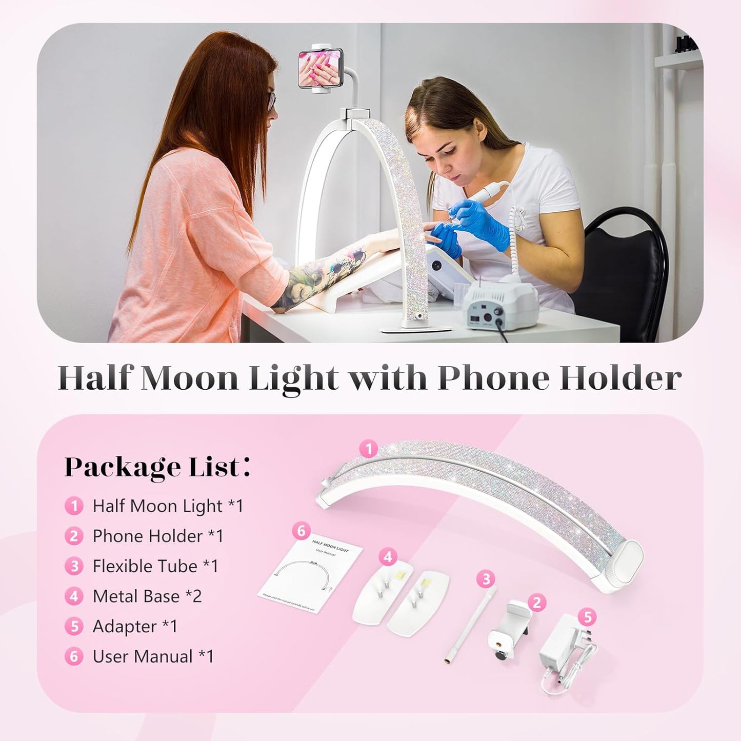 Yokilly Foldable Half Moon Nail Desk Lamp with Phone Holder - 3 Color Modes & 10 Brightness Levels for Manicure Salon