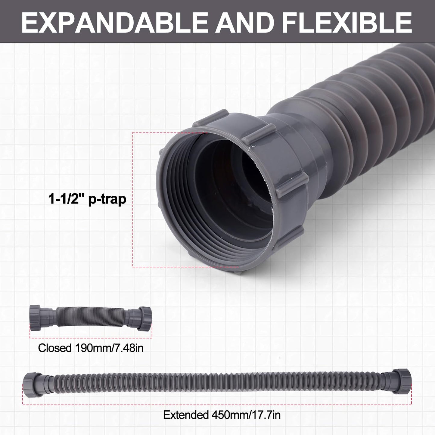 Sink Drain Kit, 1-1/2 Inch Expandable Flexible P-Trap 7.5 Inch - 17.7 Inch Flexible Sink Drain Pipe for Bathroom Sinks Kitchen Sinks