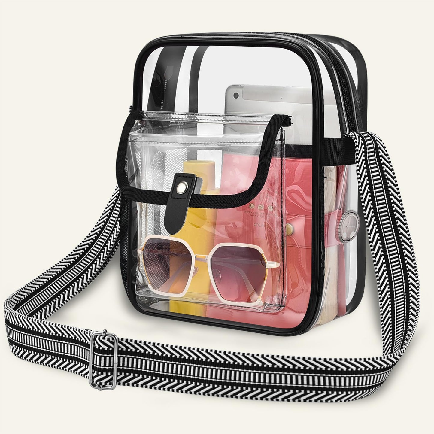 SPODEARS Black Clear Crossbody Bag with Guitar Strap for Stadium, Concert, Festival & More - Adjustable Shoulder Strap & Bottle Holder, Medium