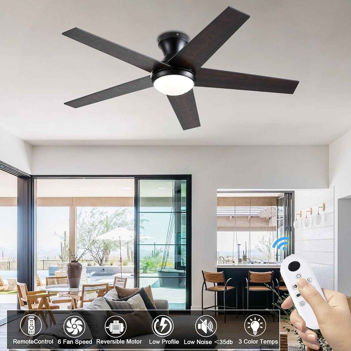 48-Inch Low Profile Ceiling Fan with Lights & Remote Control - Dimmable, Noiseless, Reversible Motor for Bedroom & Indoor/Outdoor Use