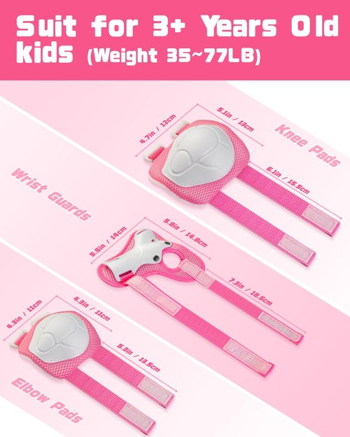 Kids Protective Gear Set, Knee and Elbow Pads with Wrist Guards for Ages 3-8 Year Toddler, 3 in 1 Enhanced Material Protective for Skating Cycling Bike Roller Scooter, Includes Organizer Bag (Pink)
