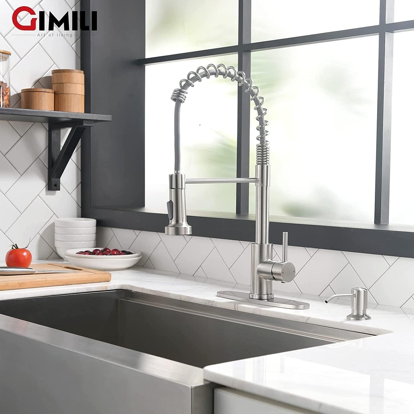Matte Black Kitchen Faucet with Soap Dispenser - Commercial Single Handle Pull Down Sprayer