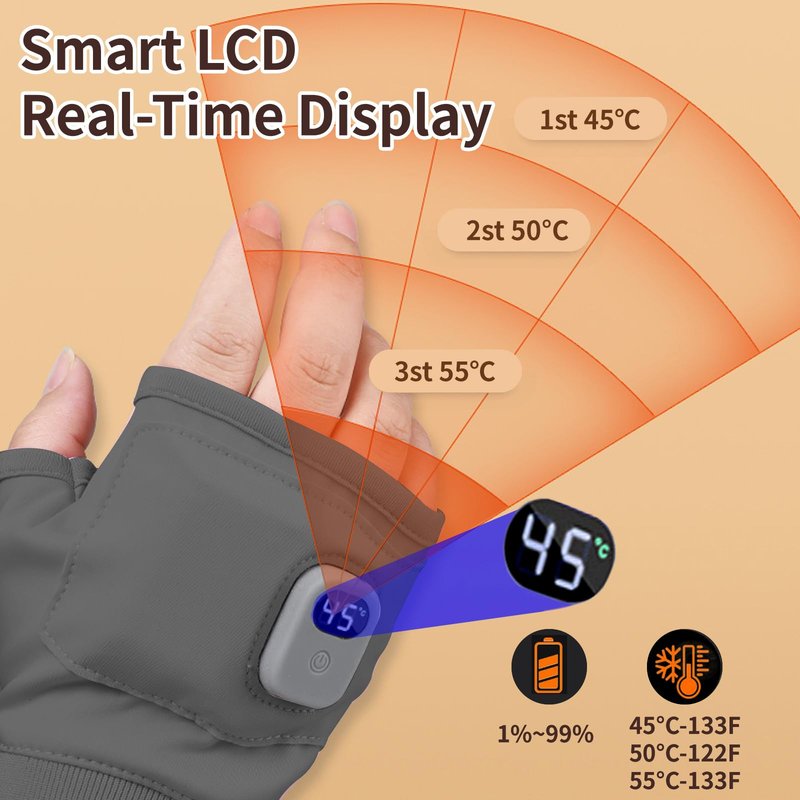 Portable Heating Fingerless Gloves with Digital Display, Rechargeable Heated Thermostatic Gloves for Outdoor, Cycling, (Grey)