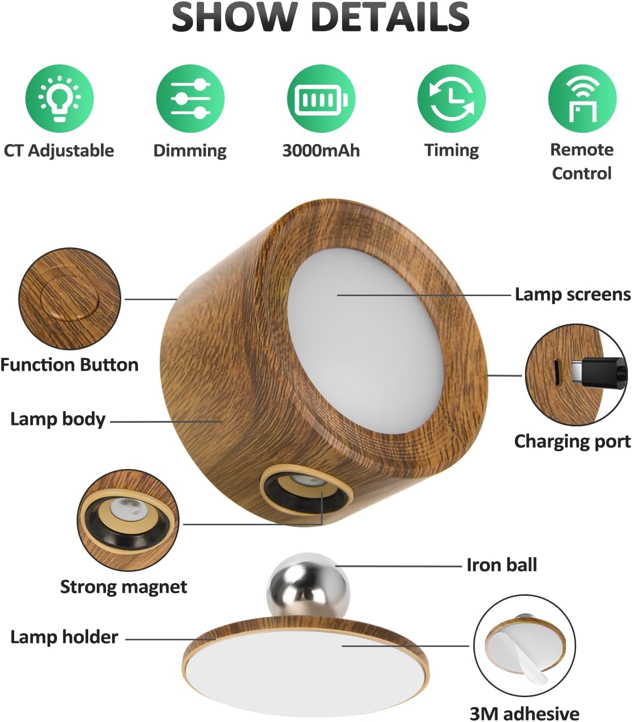 Rechargeable LED Wall Mounted Lights - 3 Pack with Remote, Dimmable & 360° Rotation for Bedroom