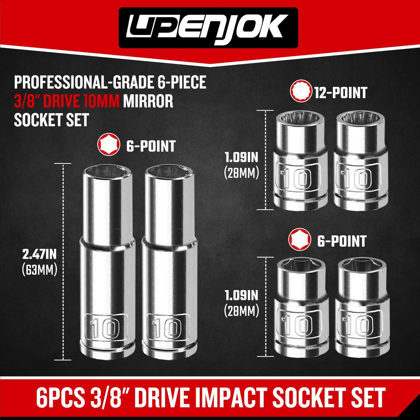 Upenjok 6PCS 3/8" Drive 10mm Socket Set, Deep & Shallow, Mirror Finish, Cr-V Steel