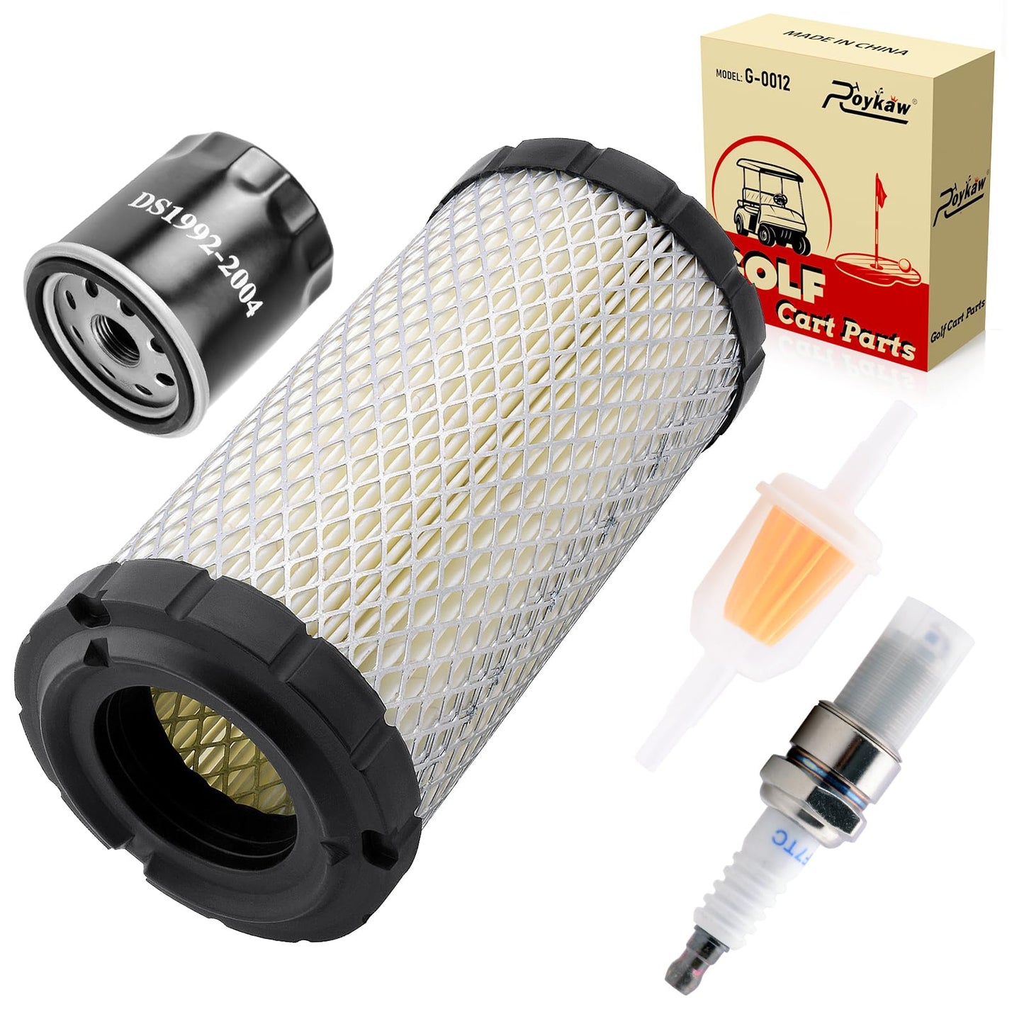 Roykaw Golf Cart Tune Up Kit for EZGO RXV 2008-up & EZGO TXT 2010-up Gas Models with Kawasaki Motor Air Filter 28463-G01, Fuel Filter 72084-G01, Oil Filter 607454, Spark Plug 607462