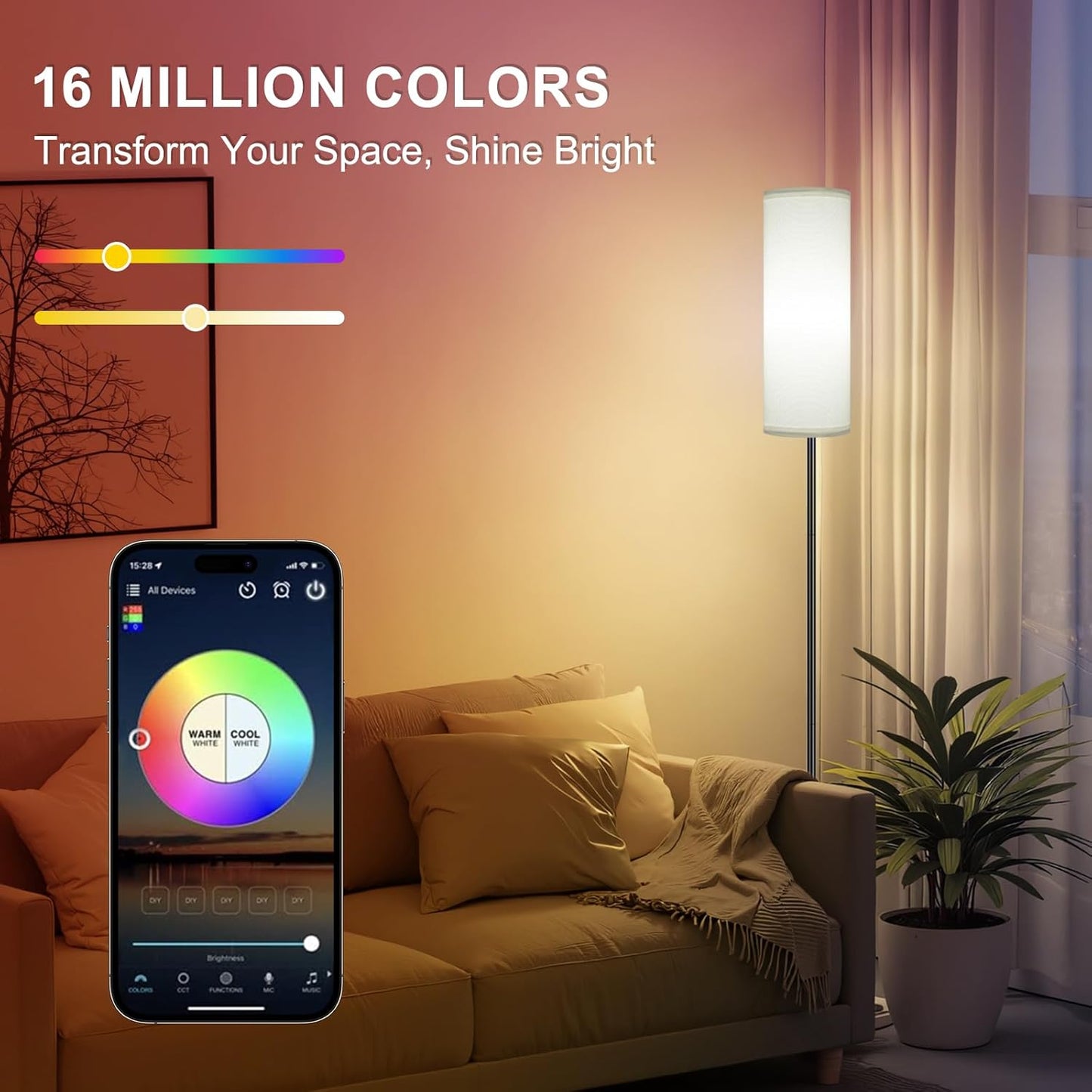 Modern Dimmable Floor Lamp with Remote - RGB Smart Bulb for Living Room, Bedroom & Office