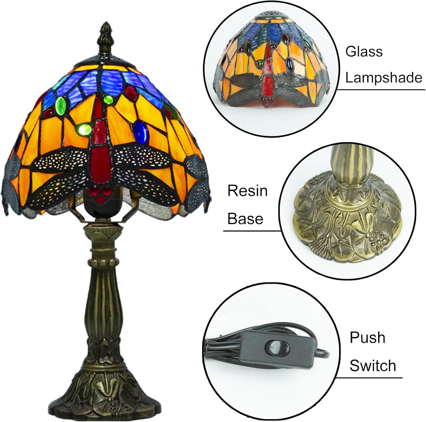 Tiffany Table Lamp - 8 Inch Antique Stained Glass, 3 Color Temperatures, Handcrafted for Bedroom & Living Room