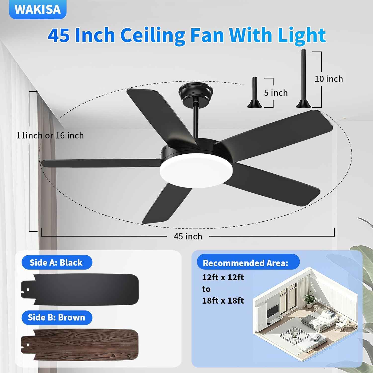 45-Inch Dimmable Ceiling Fan with Lights & Remote - 6 Speeds, Reversible, Quick Install for Indoor/Outdoor Use