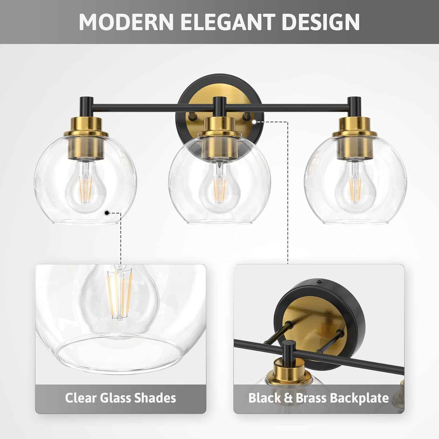 3-Light Vanity Bathroom Light Fixture with Globe Glass Shades - Brushed Nickel, ETL Certified