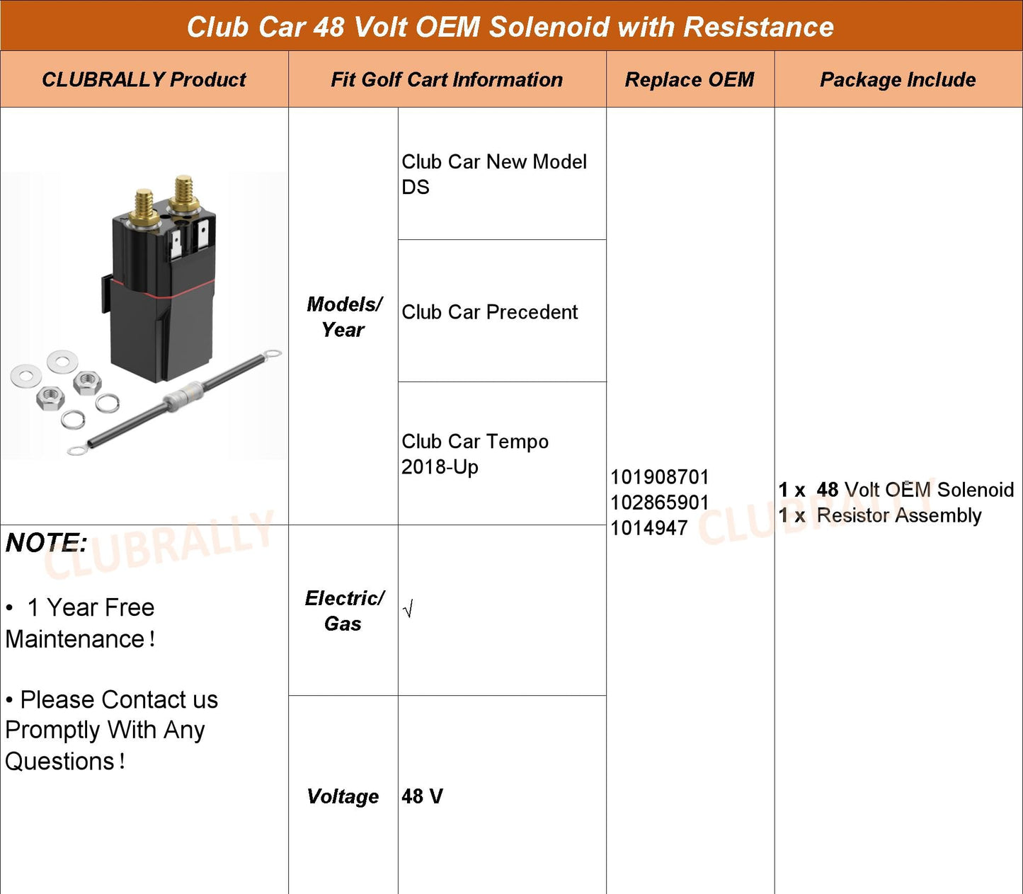 CLUBRALLY 48 Volt OEM Solenoid with Resistance for Club Car New Model DS & Precedent & Tempo, OEM#102865901, 1014947