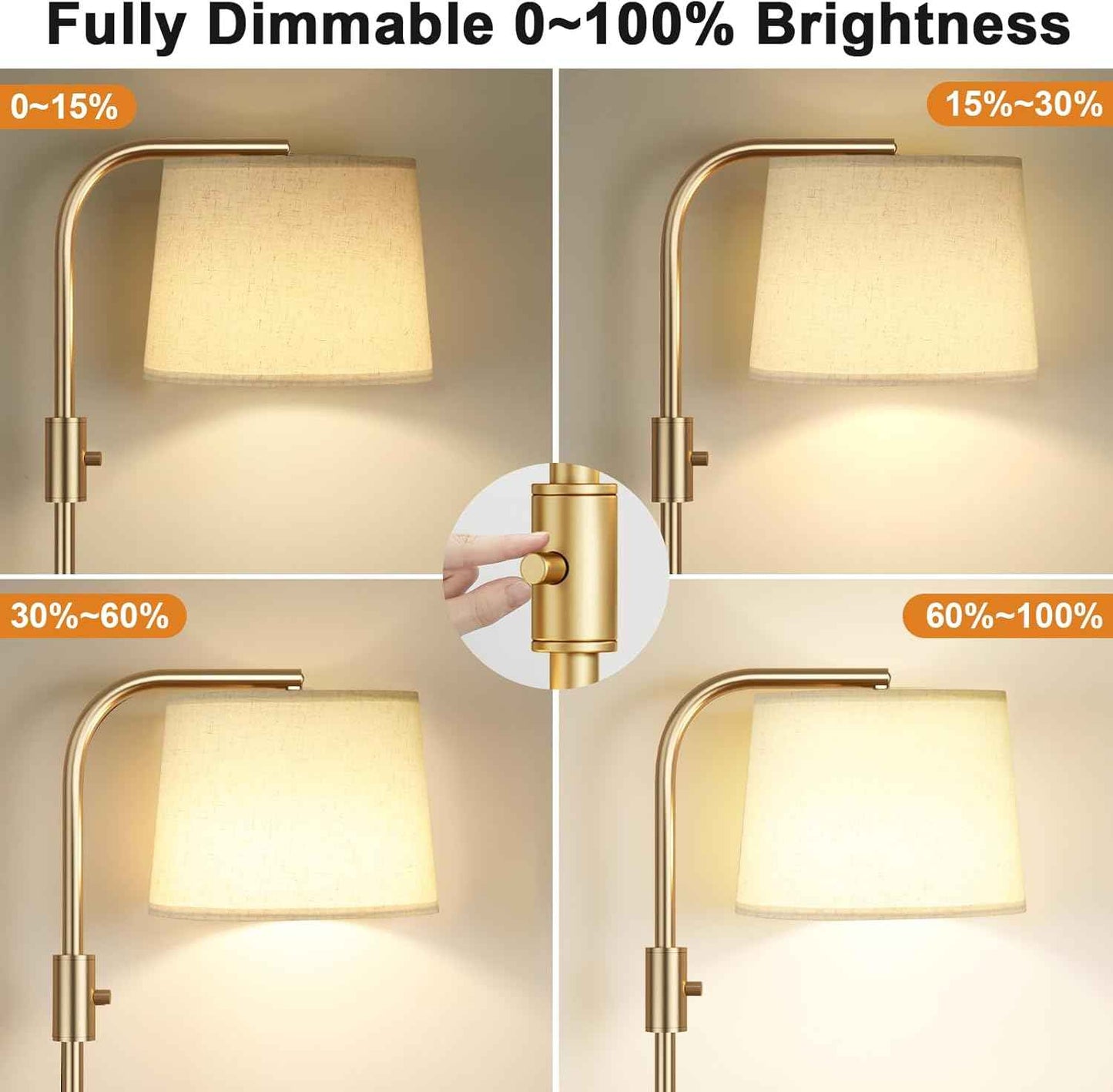 Modern Dimmable Floor Lamp with 9W LED Bulbs - Stylish Standing Light for Living Room & Bedroom (Gold & White)