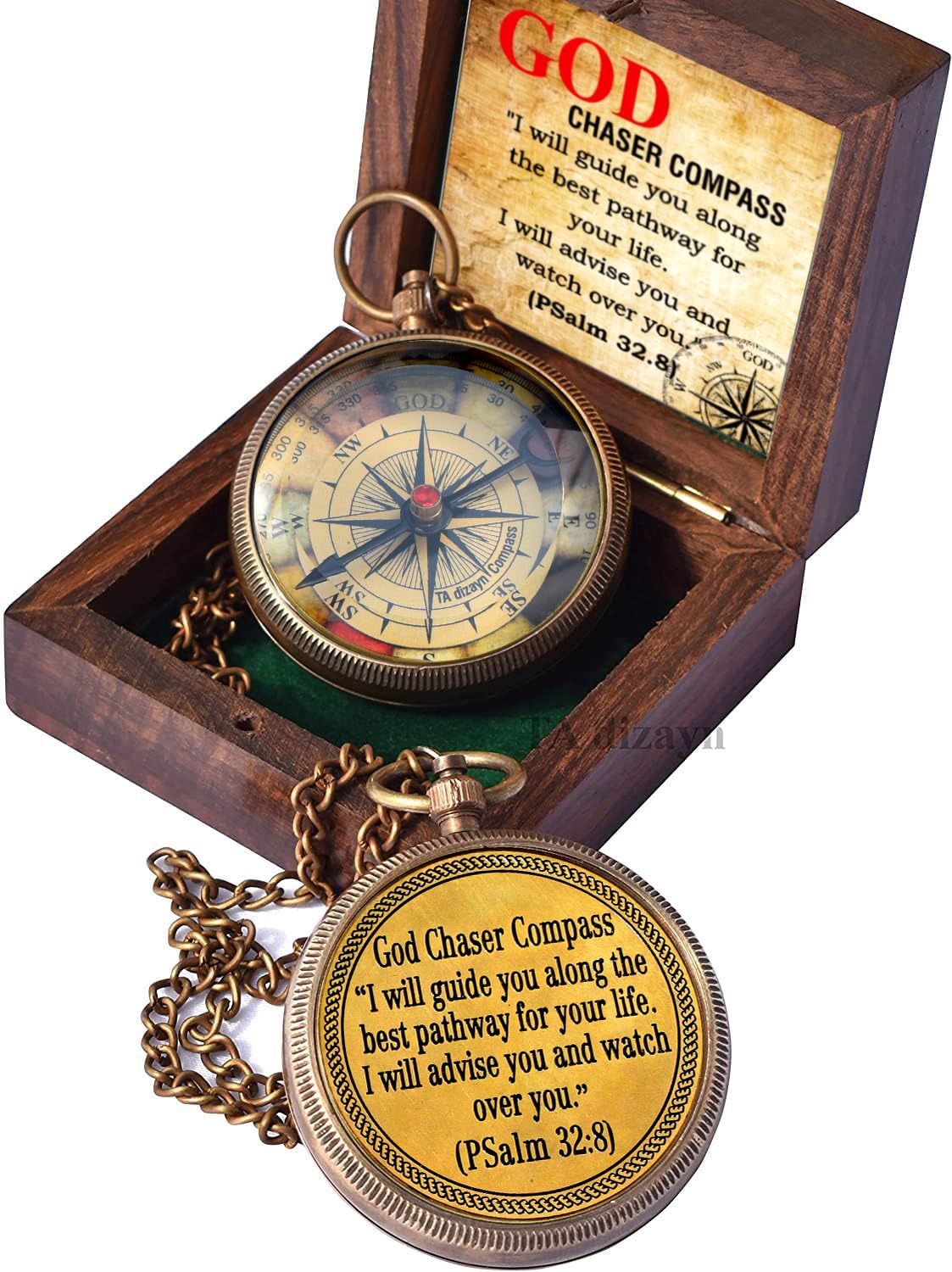 Christian Brass Compass (Psalm 32:8) with Display Box - Engraved Scripture Prayer Compass for Men & Women - Baptism, Confirmation, Communion & Graduation Gift
