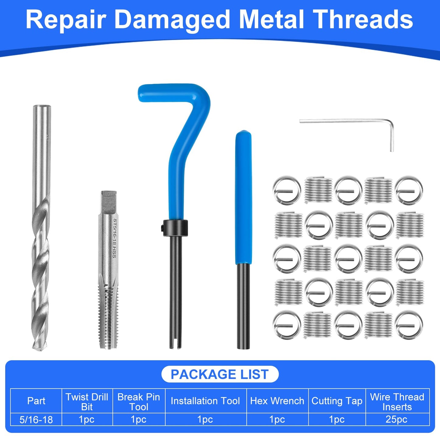 JMMRRR 30PC SAE Thread Repair Kit 5/16-18 inch, Helicoil Repair Kit with HSS Drill, Rethreading Tools for Internal Screw Holes Repairing (Blue)