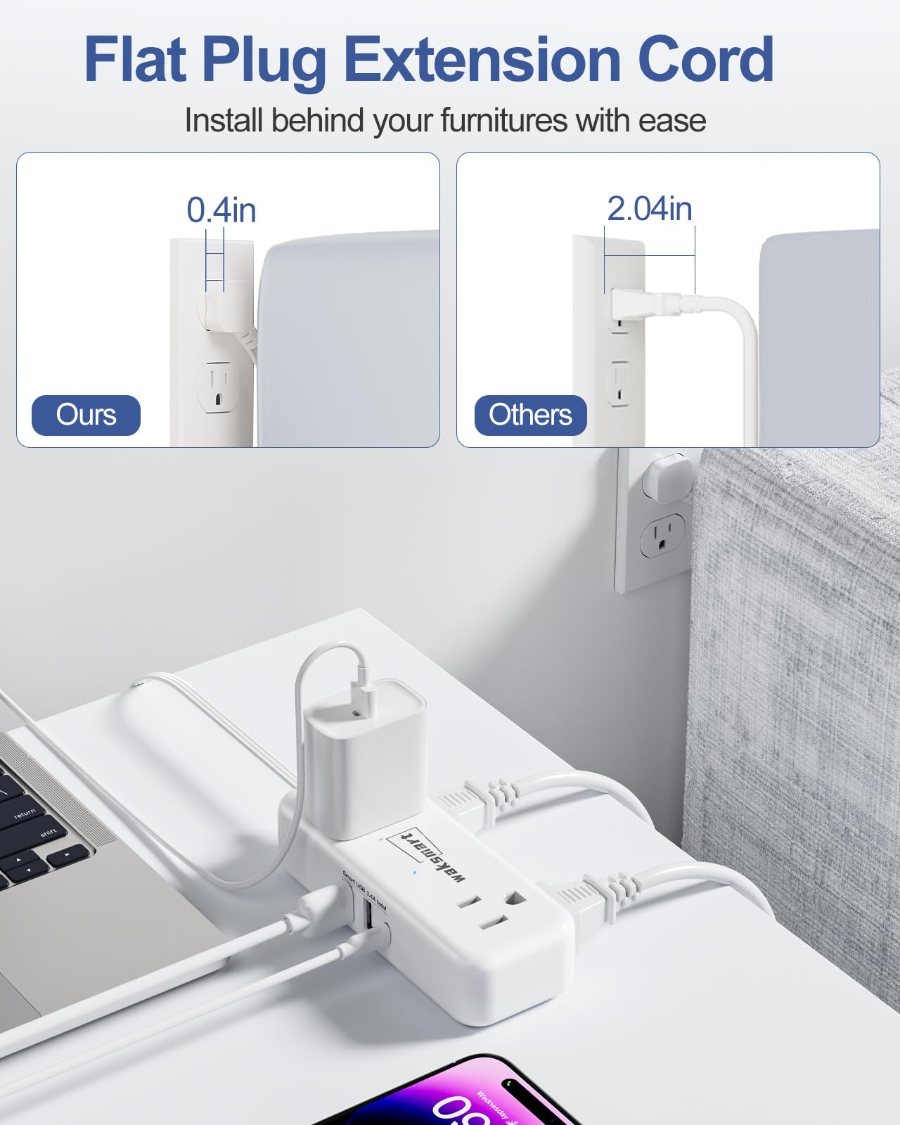 Flat Plug Extension Cord 3 Feet with 4 AC Outlets 3 USB Ports (5V/3.4A 17W), Flat Plug Power Strip Compact for College Dorm, Travel, Home, White