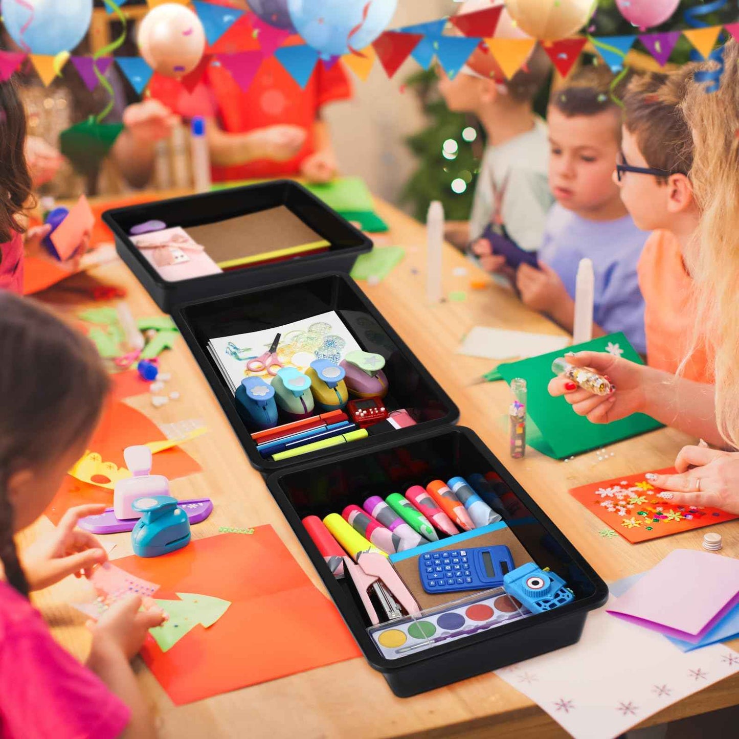 Qunclay 16 Pcs Flat Storage Tray Organizer Bin Letter Size Paper Trays for Classroom Art Activity Plastic Stackable File Paper Organizer for School Office Teacher Book Organization, Black