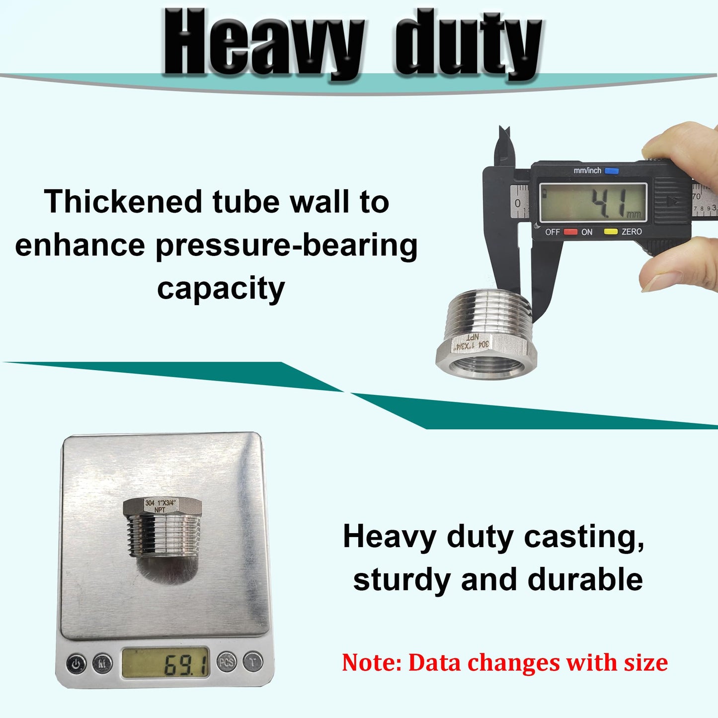 3/4" NPT Male to 1/2" NPT Female Hex Bushing Reducer, 304 Stainless Steel Reducing Adapter Pipe Fitting, Heavy Duty Pipe Hex Bushing for Reducing Pipe (3/4” MNPT x 1/2” FNPT)