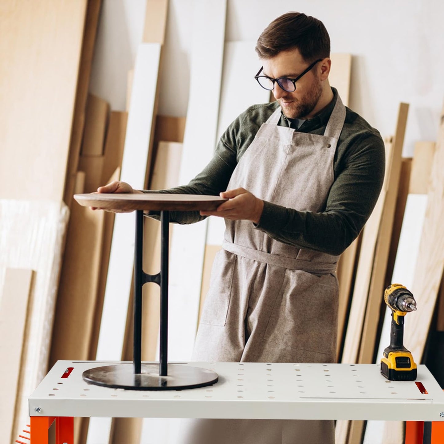 GVGBUK Movable Workbench Table,35.8“x 18.1”Welding Table,1200LBS Static Weight Capacity,Sawhorse Tool Slots and Fixture Holes(5/8-inch Fixture Holes),4 Wheels (4 with Brake)