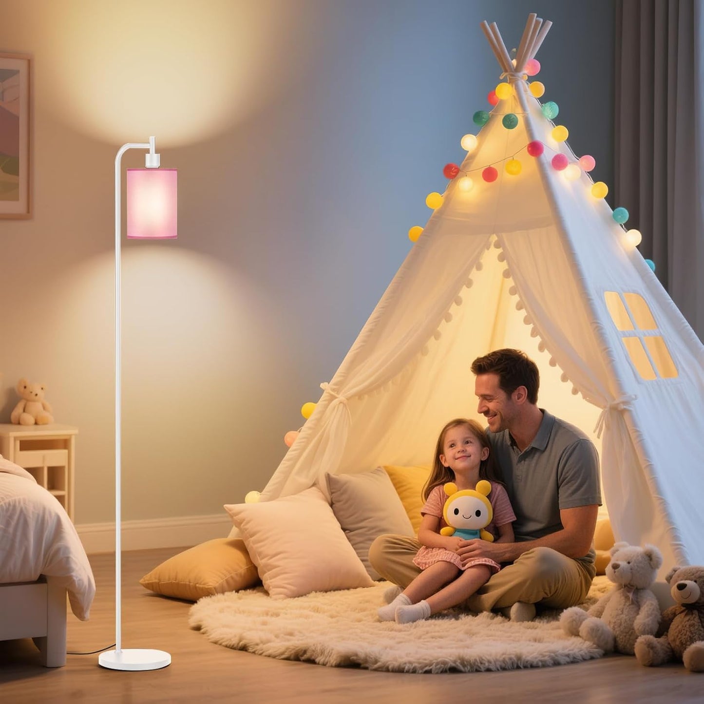 Dimmable Floor Lamp with Linen Shade & Remote Control - Modern 9W LED Standing Lamp for Living Room, Bedroom, Office