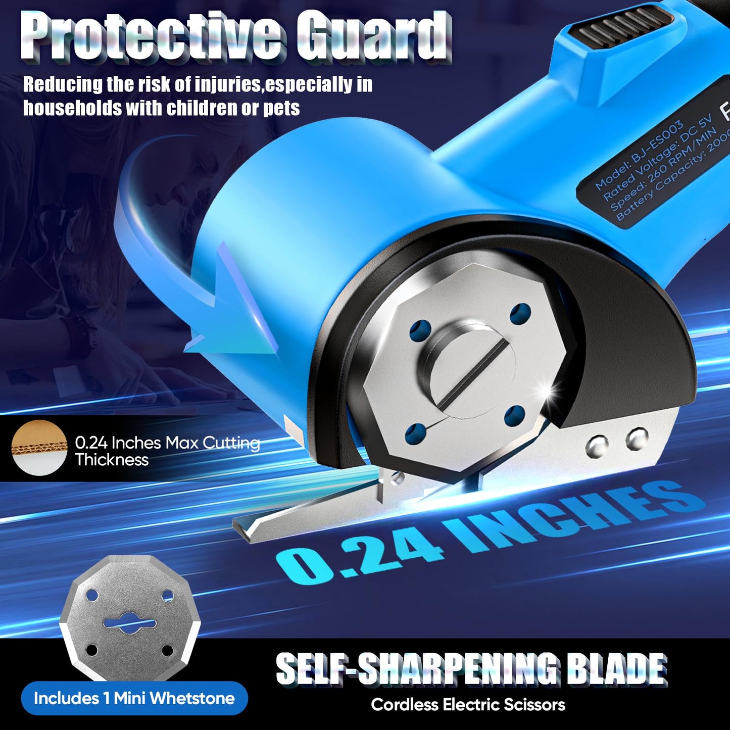 Cordless Electric Scissors, 5V Rechargeable Cardboard Box Cutter Heavy Duty Rotary Tool with Safety Lock & LED Light for Cardboard, Fabric, Box (Blue)